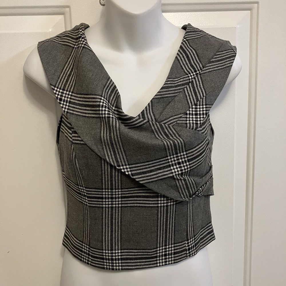 Alice + Olivia Size 4 XS Viscose Wool Blend Black White Plaid Crop Top Shirt